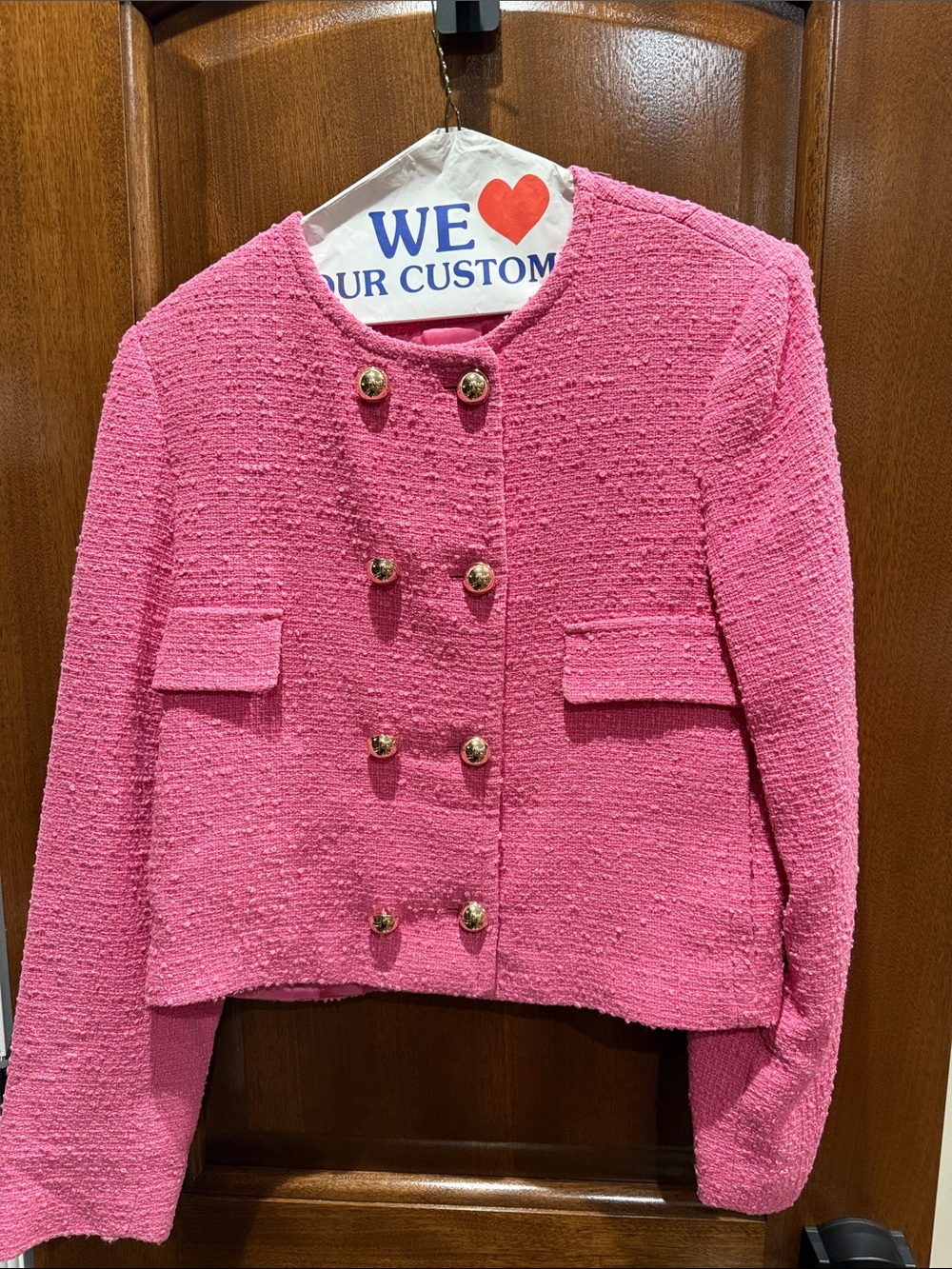 Mango Women’s Pink Tweed Double-Breasted Jacket, freshly laundered like new